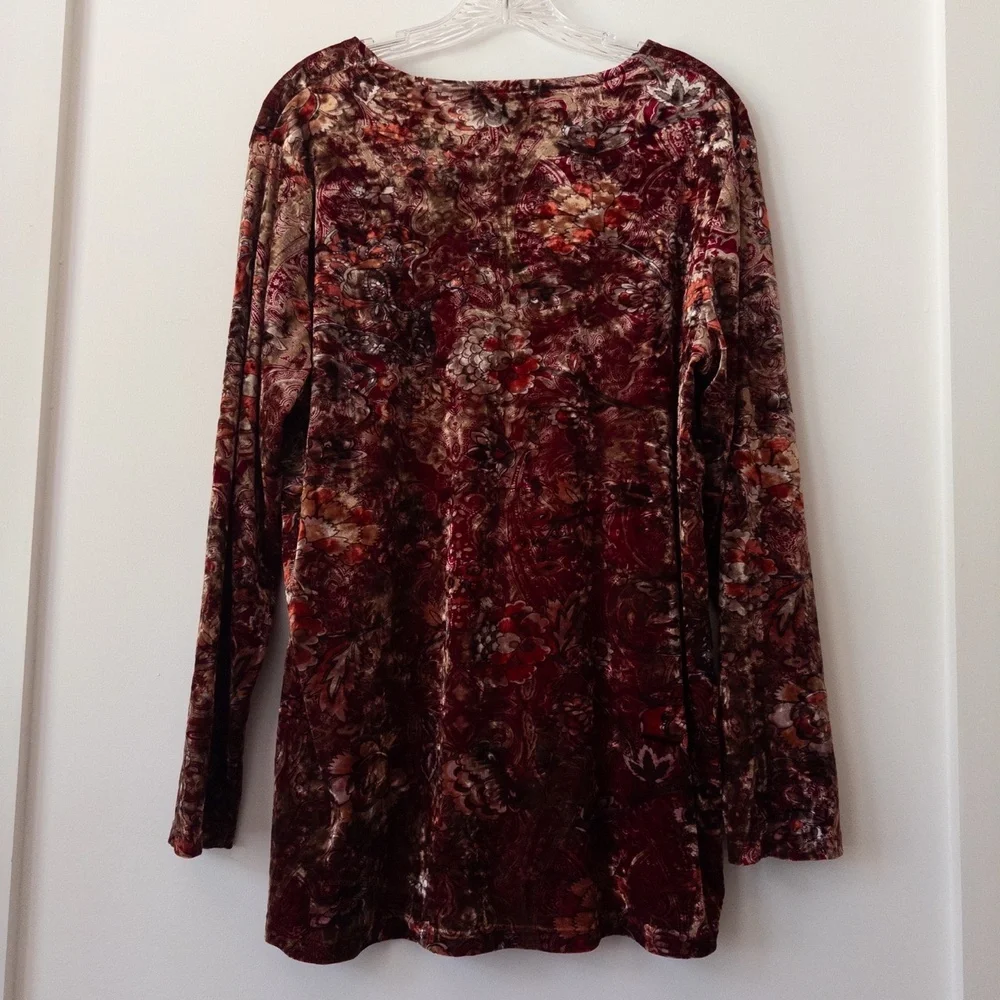 Vintage 90s Velvet Floral Top Womens L Dark Red Gold Paisley Witchy Romantic - Picture 8 of 11